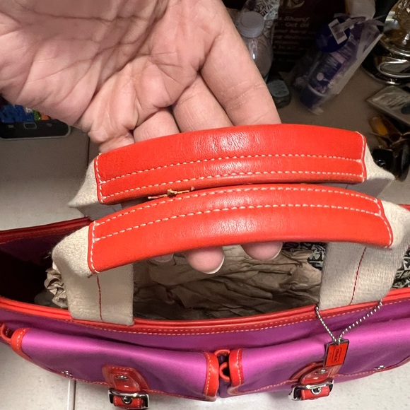 Coach Hamptons Pink Canvas & Orange-Red Leather Tote Bag - Picture 4 of 16